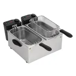 Caterlite Light Duty Fryer from a three-quarter angle, showing stainless steel tanks, black control panels, and two wire-mesh baskets.