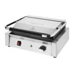 Apuro Bistro Contact Grill close-up showing the stainless steel base, red rocker switch, and closed lid with chrome handle.