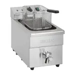 Apuro Induction Fryer angled close-up showing brushed stainless steel cabinet, wire mesh basket, and rear control panel with green power button