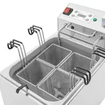 Close-up of the Apuro Pasta Cooker - 8Ltr showing four wire-mesh baskets and the rear control panel with digital display and buttons.