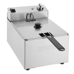 Apuro single fryer close-up showing brushed stainless steel body, black rotary dial, red switch, and green indicator light.