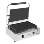 Apuro Bistro Contact Grill with lid raised, showing black non-stick plates, stainless steel base, and red rocker switch.