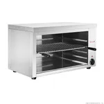 Benchstar AT-937E salamander griller side view showing stainless steel body, open wire rack, and black control knob