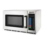 Apuro Commercial Microwave three-quarter front view with stainless steel body, black glass door, and control panel with blue, red, and green buttons.