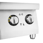 Close-up of the Apuro Induction Hob Four Zone brushed stainless steel control panel with two rotary dials and indicator lights.
