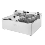 Apuro Double Fryer three-quarter view showing engraved logo, two wire mesh baskets, and rear control panel with black rocker switches
