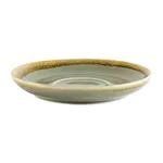 Olympia Kiln Moss Saucer side view showing pale sage-green glaze and textured brown rim