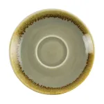 Olympia Kiln Moss saucer top-down close-up showing pale grey-green interior and dark brown speckled glaze dripping down the rim.