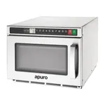 Apuro 1800W microwave oven from a three-quarter angle, featuring a stainless steel body, black control panel, and glass door.