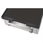 Apuro Counter Top Electric Griddle close-up showing black non-stick surface, stainless steel body, red switch, and chrome knob