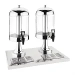 Olympia Deluxe Juice Dispenser Double Head St/St, side view showing two glass carafes with stainless steel lids and black spigots