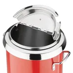 Close-up of the Apuro Soup Kettle Red with handles, showing the glossy red body, polished steel rim, and open hinged lid.