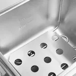 Close-up of the Apuro Double Electric Fryer's stainless steel tank, showing a perforated basket and engraved MAX and MIN oil level markings.