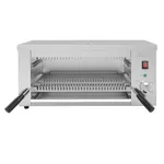 Apuro Quartz Salamander Grill front view with open door, wire mesh rack, and control panel with red switch and rotary dial.