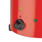 Close-up of the Apuro Soup Kettle Red control panel featuring a black rotary dial, indicator lights, and a yellow heat warning symbol.