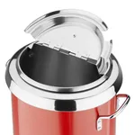 Close-up of the Apuro Soup Kettle Red with handles, showing the glossy red body, polished steel rim, and open hinged lid.