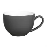 Olympia Cafe Cappuccino Cup Charcoal 340ml, close-up side view of matte grey ceramic with white interior and C-shaped handle