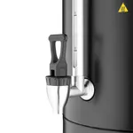 Close-up of the Apuro Water Boiler Matt Black 30Ltr showing the stainless steel tap and graduated sight tube on the matte black body.