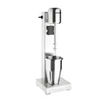 Apuro single spindle drinks mixer side view with stainless steel base, vertical arm, and wire whisk in mixing cup