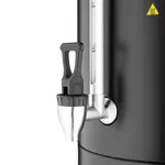 Close-up of the Apuro Water Boiler Matt Black 10Ltr showing the grey lever tap, stainless spout, and water level sight tube.