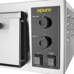Close-up of the Apuro Firestone Pizza Oven's stainless steel control panel with yellow logo, black rotary dials, and rocker switches.