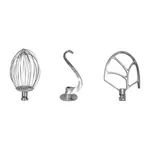 Close-up of the three stainless steel attachments for the Apuro Digital Planetary Mixer: a wire whisk, dough hook, and paddle beater.