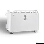 Rear view of the white Bezzera 2 Group Moda DE PID espresso machine, showing the matte metal casing, black logo, and top ventilation grille.