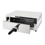 Caterlite Pizza Oven close-up showing the open stainless steel door, black wire rack, and control knob with orange indicator light.