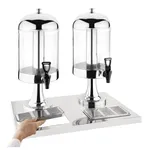Olympia Deluxe Juice Dispenser Double Head front view with two stainless steel units and a hand adjusting the sliding drip tray