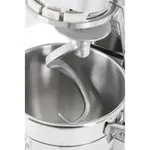 Close-up of the Apuro Digital Planetary Mixer's stainless steel bowl with a curved dough hook and white plastic hinge assembly.