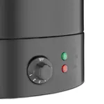 Close-up of the Apuro Water Boiler Matt Black 20Ltr control panel, featuring a black dial and green and red indicator lights.