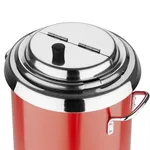Close-up of the Apuro Soup Kettle Red showing the polished stainless steel split lid, black knob, and side handle bracket.