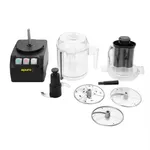 Apuro Multi Function Food Processor disassembled, showing black motor base, clear bowl, and stainless steel blade discs.