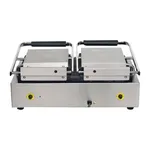 Apuro Contact Grill Double Ribbed/Flat front view with stainless steel body, black handles, and yellow-ringed control knobs.