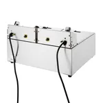 Apuro double electric fryer rear view showing two tanks, black power cables, yellow drain valves, and silver control knobs.
