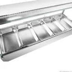 Bonvue BM17TC bain marie angled close-up with glass lid open, revealing five empty stainless steel food pans