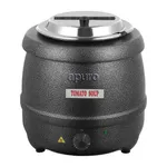 Apuro Graphite Soup Kettle front view with textured grey body, stainless steel lid, and tomato soup label