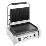 Apuro Extra Large Single Contact Grill angled close-up showing open ribbed and flat plates, stainless steel base, and digital timer panel.