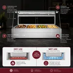 Bonvue BM17TC bain marie front view with four food wells, glass lid, and infographic text detailing dry and wet use functions.