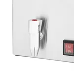 Close-up of the Apuro Bain Marie with Tap & Pans front panel, featuring a chrome tap with a red lever and a black rocker power switch.