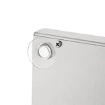 Close-up of the Apuro Single Spindle Drinks Mixer's brushed stainless steel housing, showing a circular recessed port with a clear plastic cover and an adjacent Phillips-head screw.