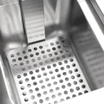 Close-up interior of the Apuro Double Induction Fryer showing the perforated metal basket and brushed stainless steel tank walls