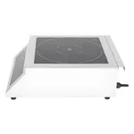 Apuro Heavy Duty Induction Hob angled close-up showing stainless steel housing, dark grey glass surface, and sloped touch controls