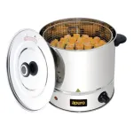 Apuro Food Steamer side view with open lid revealing wire rack of orange dumplings, black dial, and yellow warning triangle.