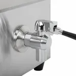 Apuro Induction Fryer close-up of the side-mounted stainless steel drain valve with a black insulated hose attached.