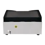 Apuro Counter Top Electric Griddle front view showing stainless steel base, black non-stick plate, and yellow-ringed control knob