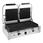Apuro Bistro Contact Grill open view showing black ribbed plates and front panel with dials and red switch