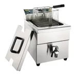 Apuro Induction Fryer 8Ltr 3kW from a three-quarter angle with open lid, showing black control panel, wire basket, and chrome drain valve.