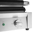 Close-up of the Apuro Bistro Contact Grill control panel featuring a green heat light, silver temperature dial, and black rubber foot.
