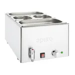 Apuro Bain Marie with Tap & Pans from a front three-quarter angle, showing brushed stainless steel, five pans, and a chrome tap.